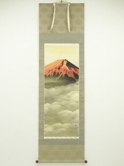 JAPANESE HANGING SCROLL / HAND PAINTED / RED FUJI / ARTIST WORK